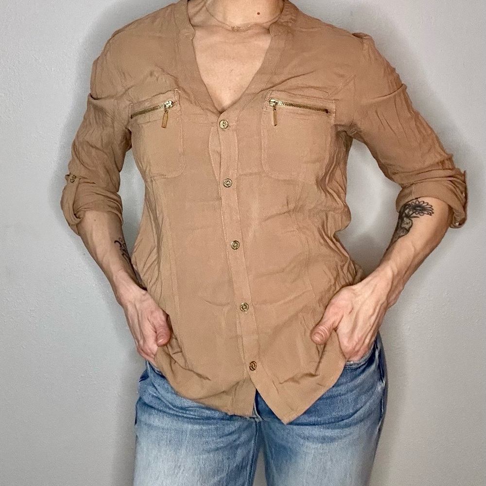 Guess Tan Button-up Long-sleeve Blouse